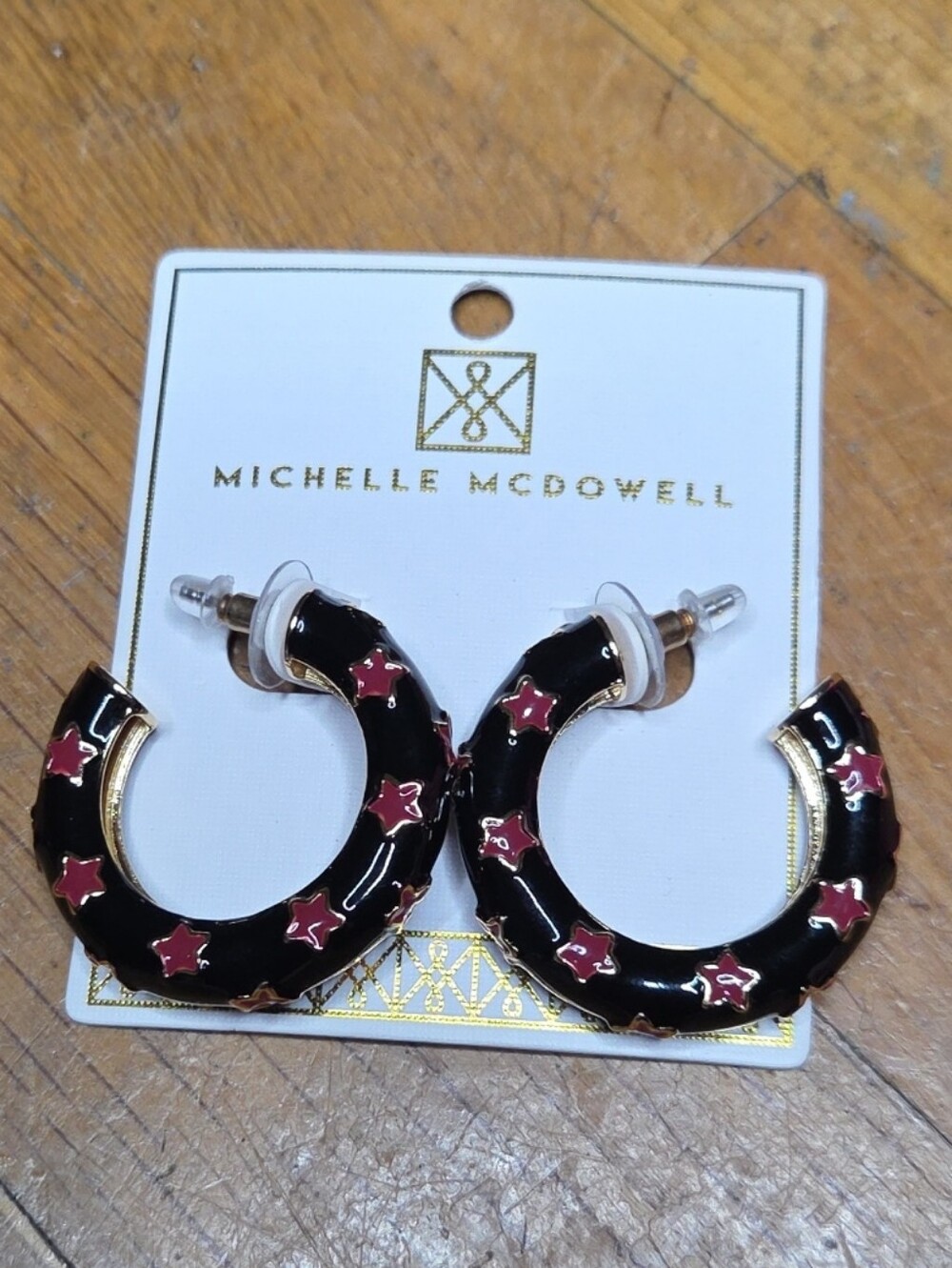Michelle McDowell | Black Hoop Earrings with Pink Star Accents
